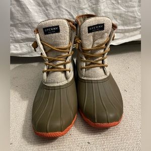 Sperry Olive Green and Orange Duck Rain Boots